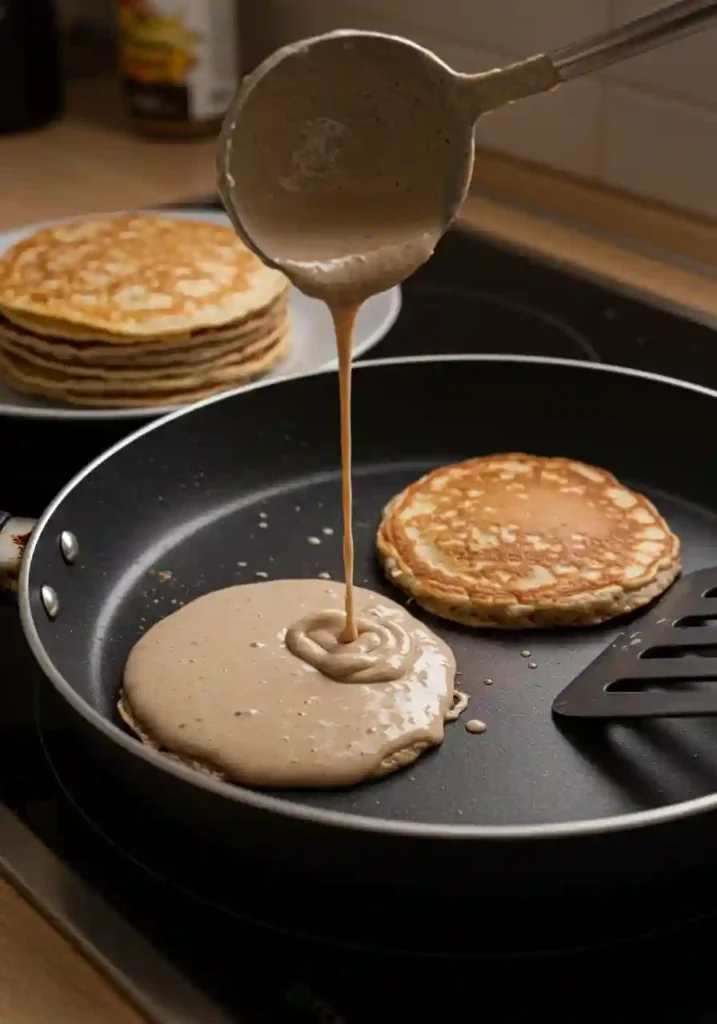Ladle Pouring Buckwheat Batter onto a Hot Skillet