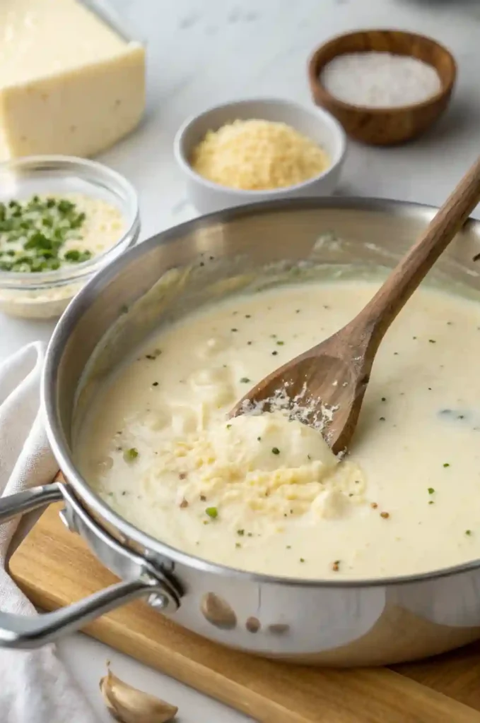 Alfredo sauce being stirred in a pan