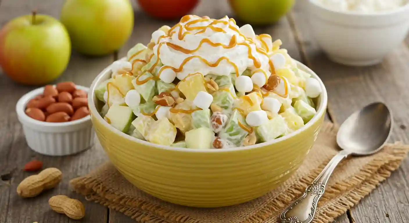 Finished Taffy Apple Salad topped with caramel
