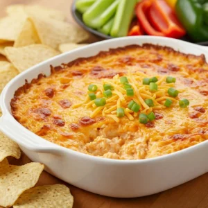 Finished Cottage Cheese Buffalo Chicken Dip Garnished with Cheese