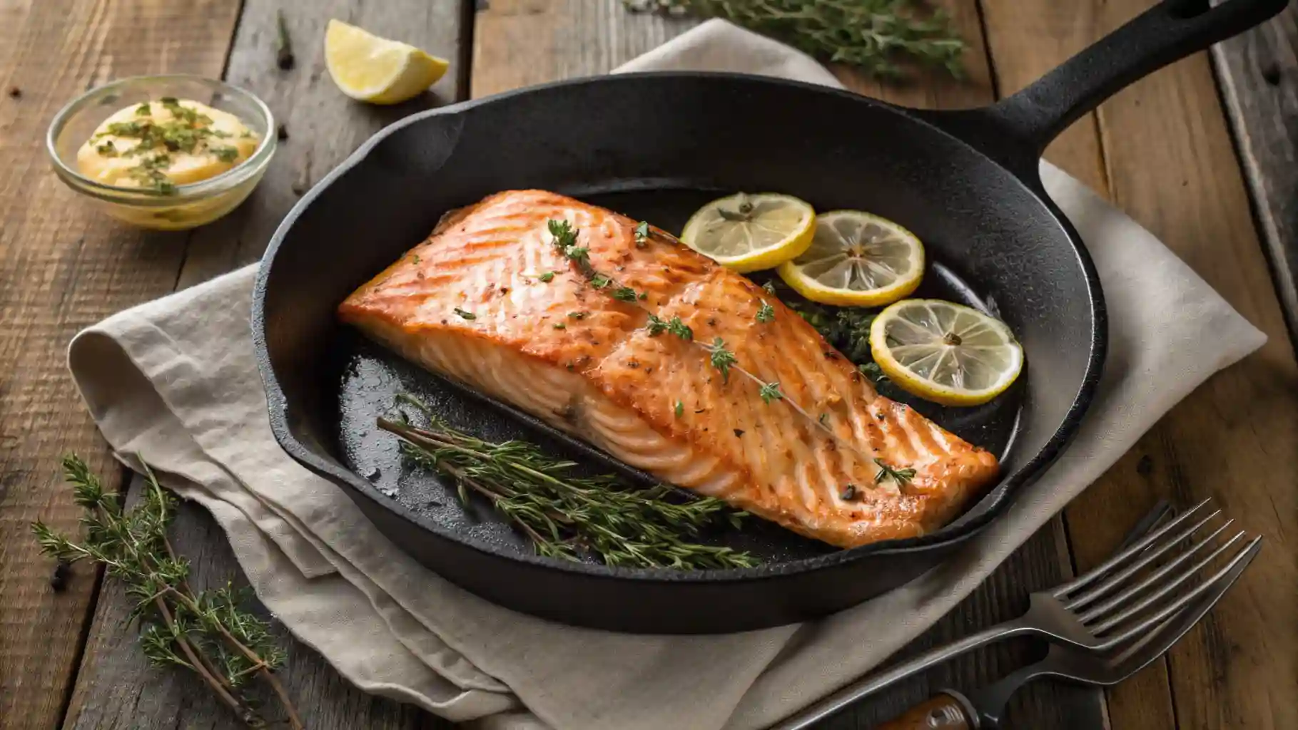 Seared salmon fillet in cast iron skillet with herbs and lemon