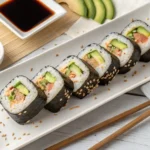 Homemade Salmon Skin Sushi Roll with Soy Sauce and Ginger