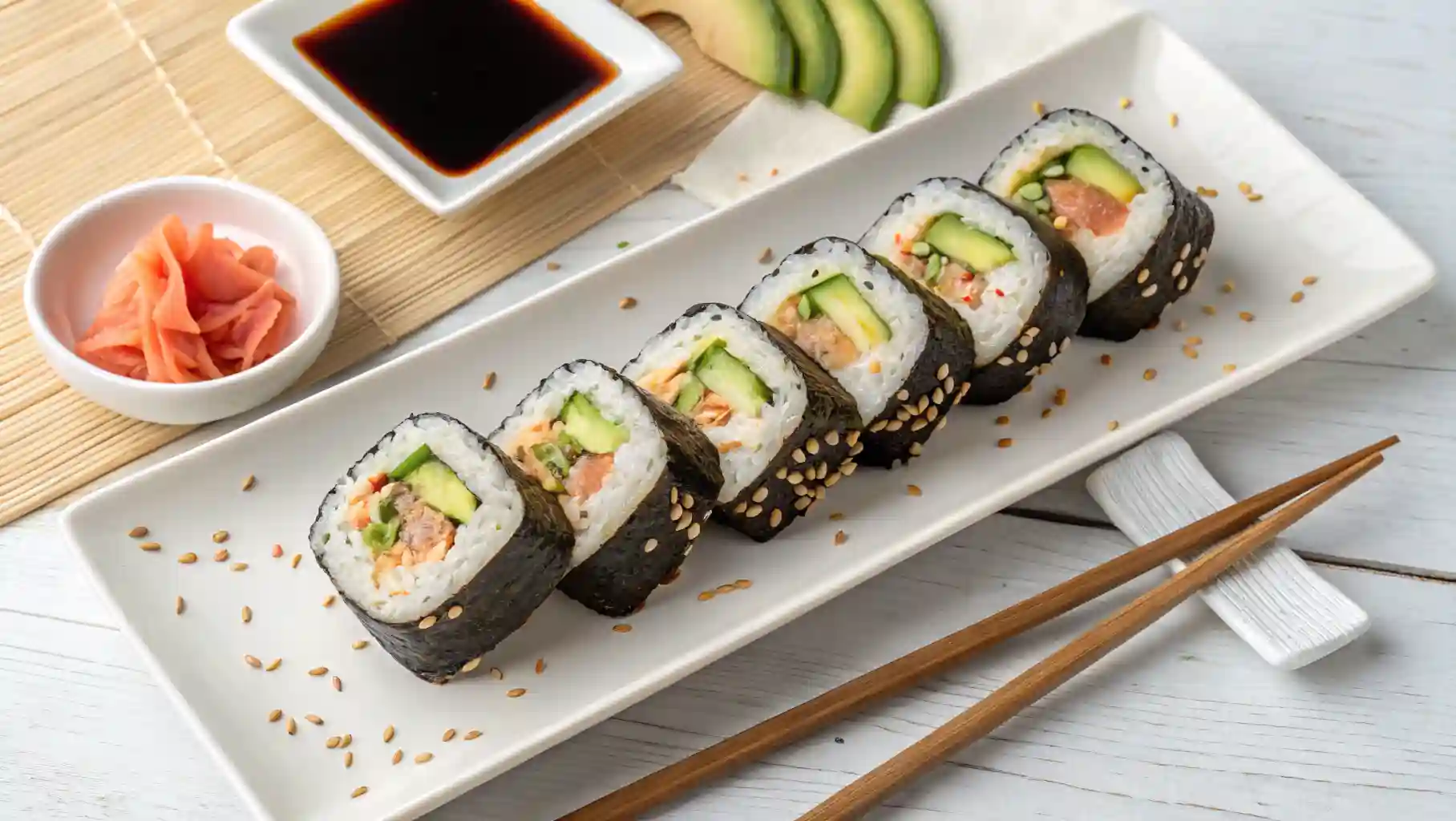 Homemade Salmon Skin Sushi Roll with Soy Sauce and Ginger