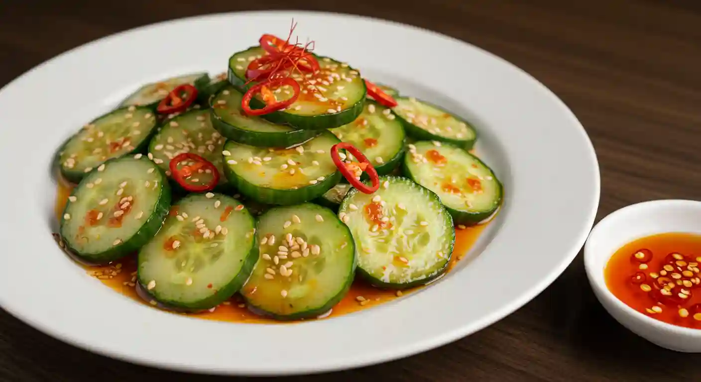 Beautifully plated Din Tai Fung cucumber salad in white bowl