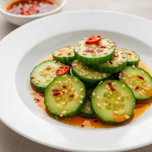 Final plated cucumber salad with chili oil and sesame seed garnish