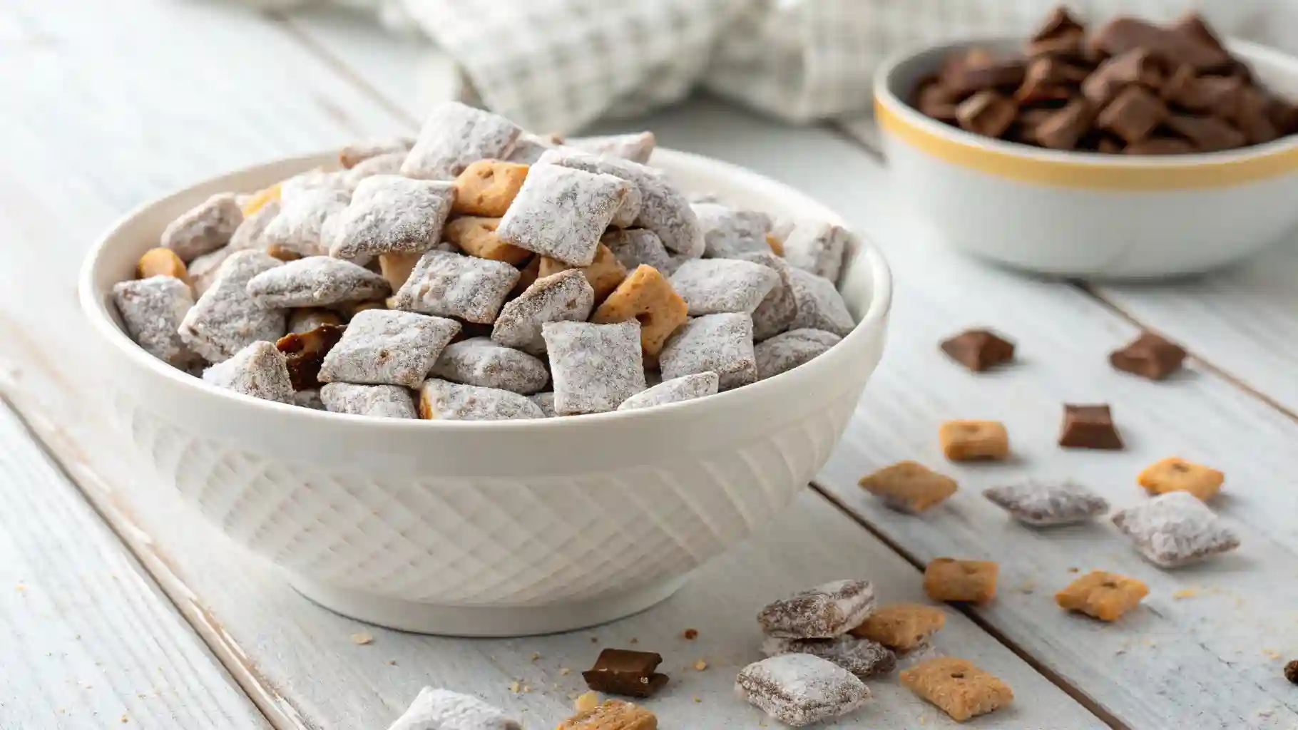 Bowl of homemade Muddy Buddies coated in powdered sugar