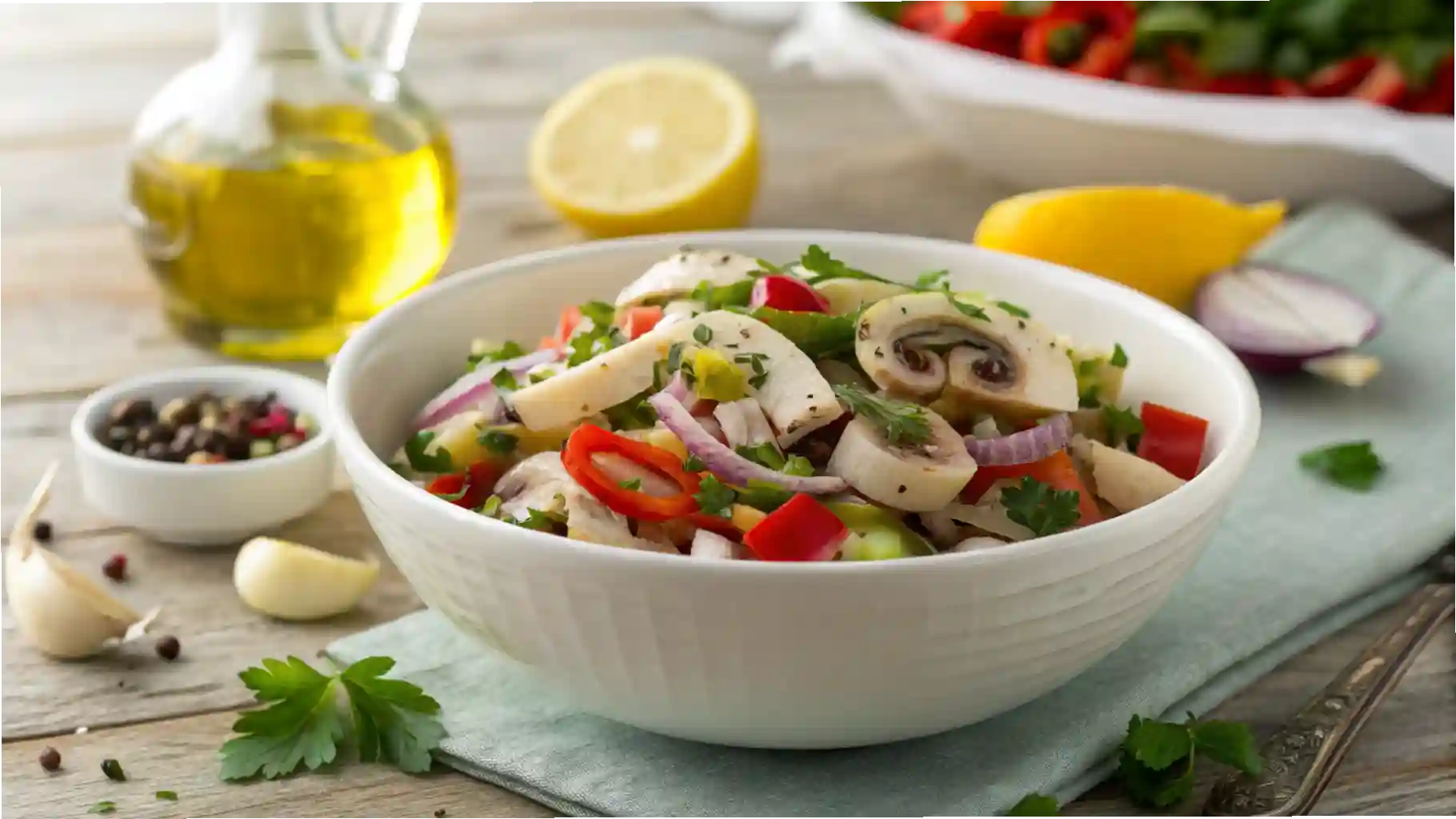 Bowl of vibrant scungilli salad garnished with parsley