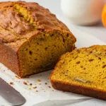 Freshly baked pumpkin banana loaf sliced on a rustic board