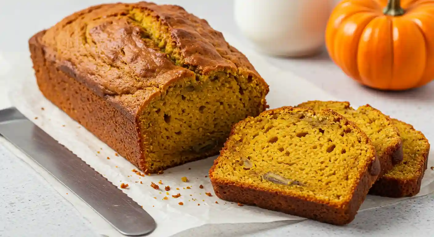 Freshly baked pumpkin banana loaf sliced on a rustic board
