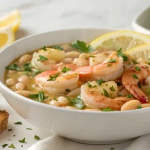 Finished shrimp and bean stew with herbs and lemon slices