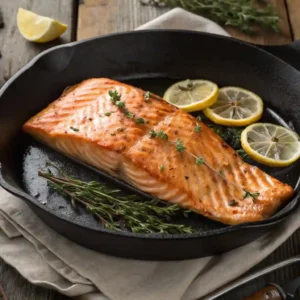 Plated salmon with crispy skin, lemon wedges, and herbs
