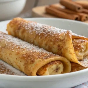 Golden brown xango served with ice cream and caramel sauce