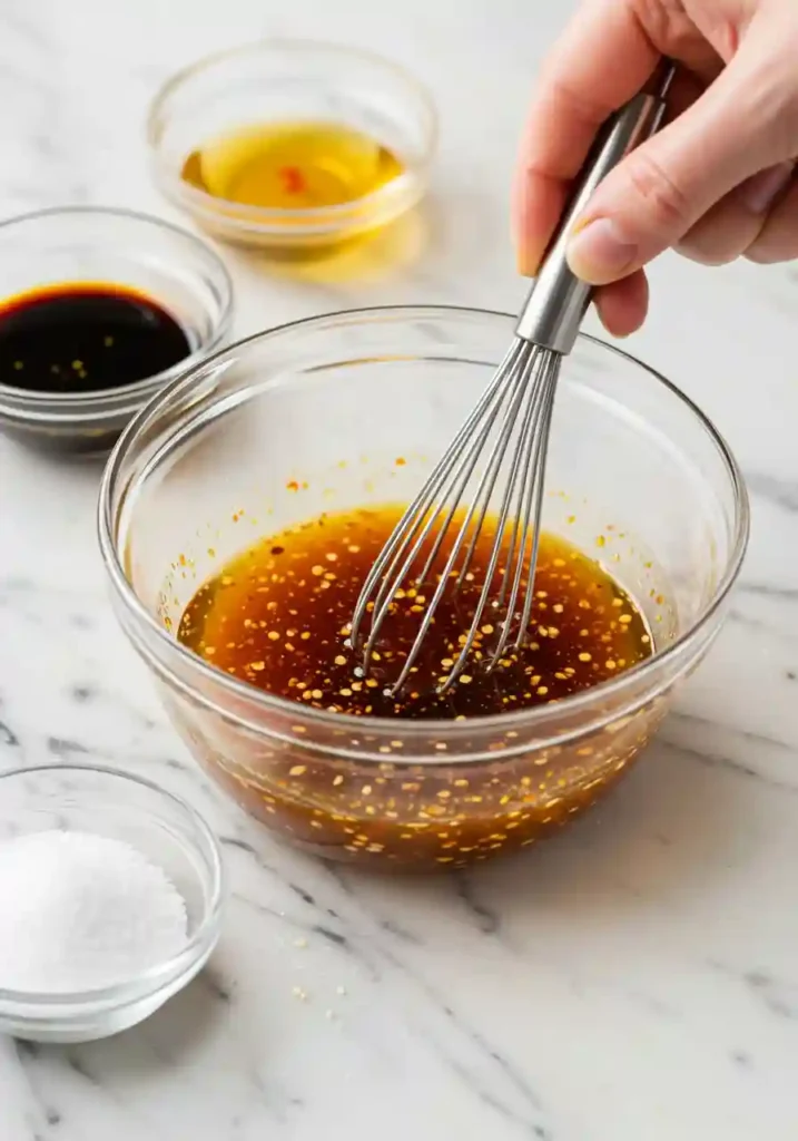 Mixing bowl with chili oil, sesame oil, vinegar, and soy sauce