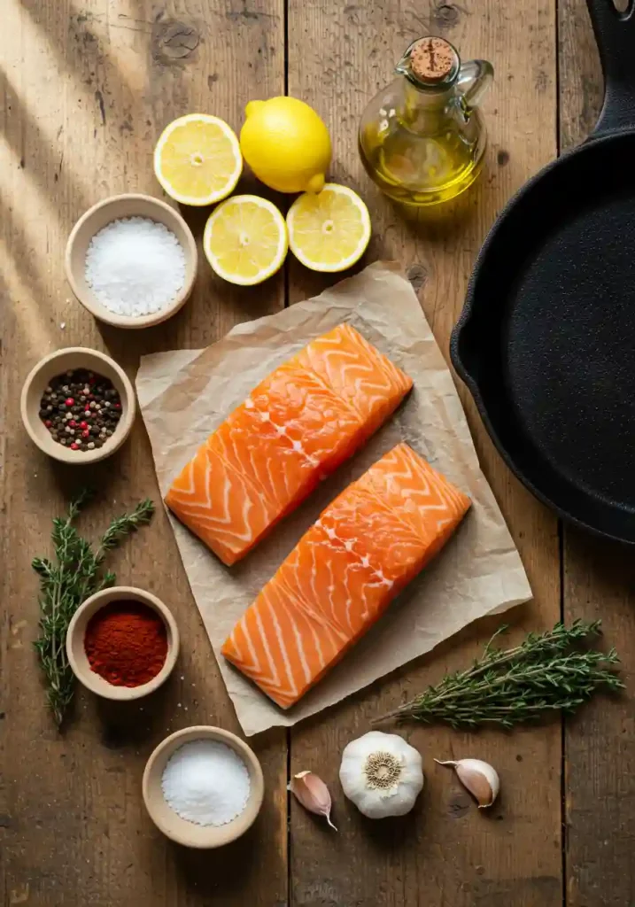 Raw salmon fillets with seasoning and lemon on a wooden board
