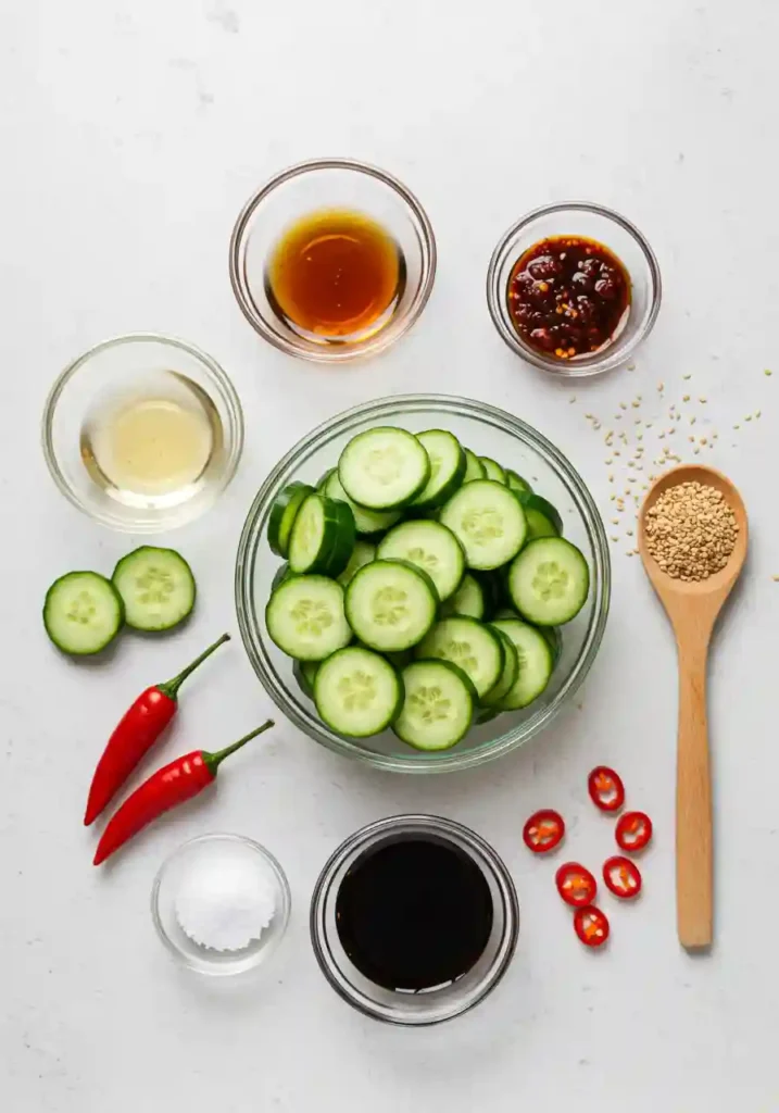 Ingredients flat lay for cucumber salad including cucumbers, oils, and spices