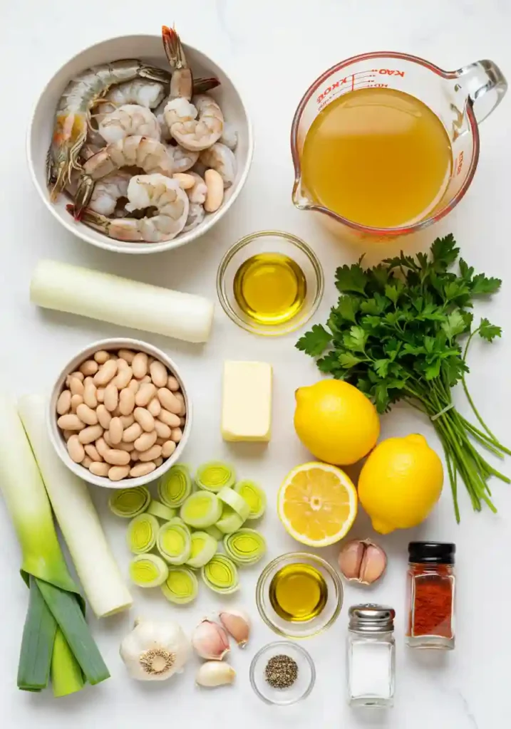 Flat lay of raw shrimp, leeks, beans, lemon, parsley, broth, and spices