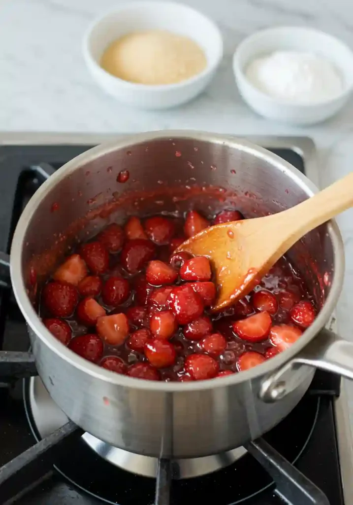 Bubbling strawberry filling in a saucepan stirred with a wooden spoon