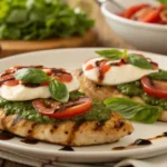 Plated Grilled Chicken Margherita with Mozzarella and Pesto