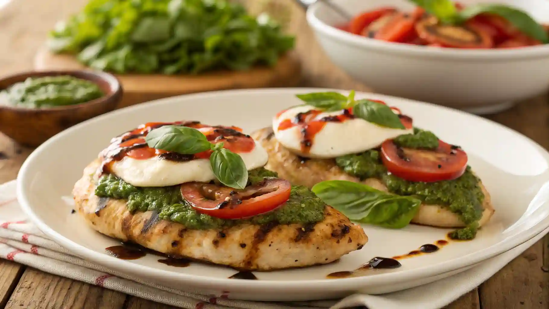 Plated Grilled Chicken Margherita with Mozzarella and Pesto