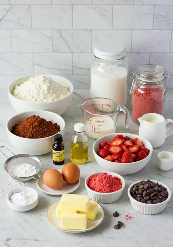 Chocolate strawberry cake ingredients neatly arranged on a kitchen counter