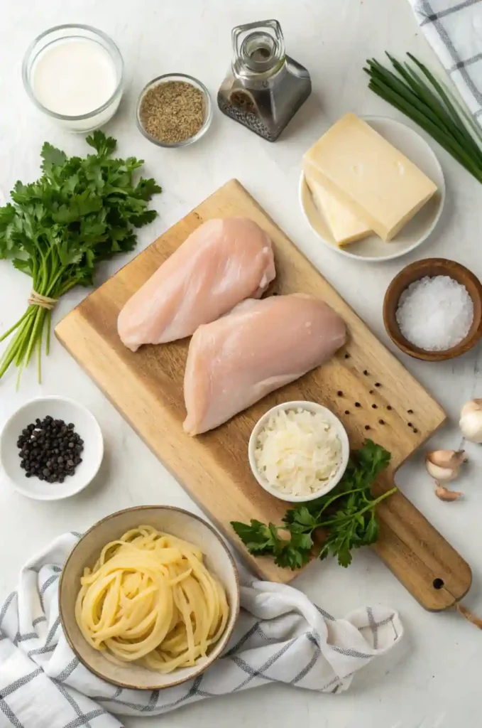 Flat lay of chicken alfredo ingredients