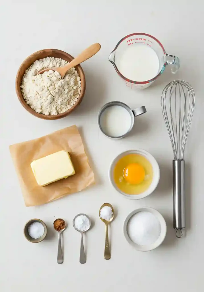 Buckwheat Flour, Egg, Milk, Baking Powder, Butter, and Sugar Laid Out