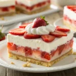 Layered Strawberry Lasagna with Whipped Cream and Fresh Strawberries