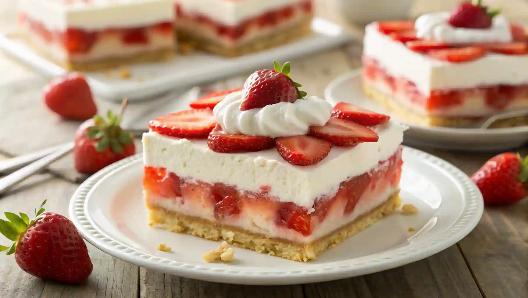 Layered Strawberry Lasagna with Whipped Cream and Fresh Strawberries