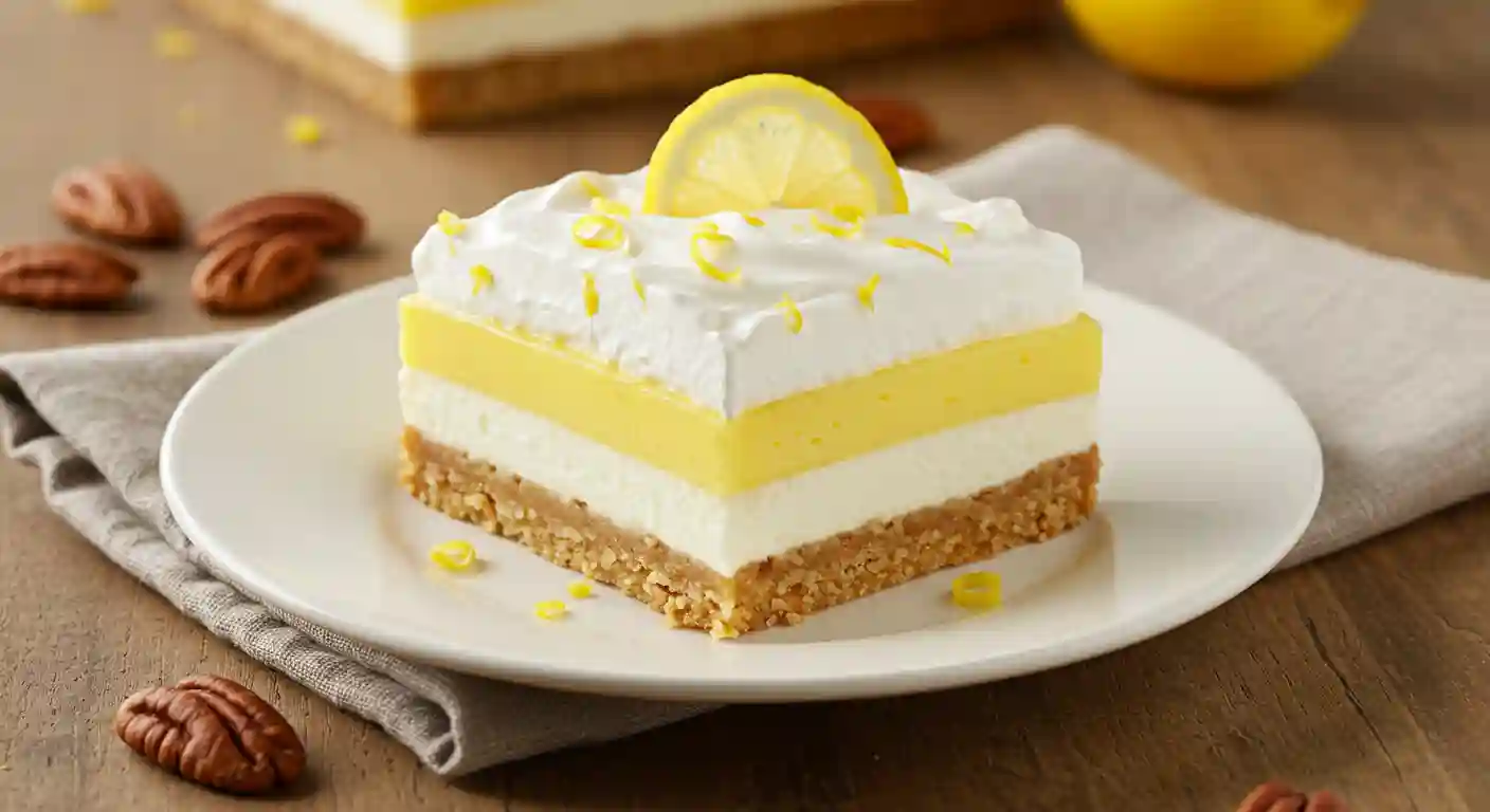 Slice of Lemon Lush Dessert with Whipped Topping and Zest
