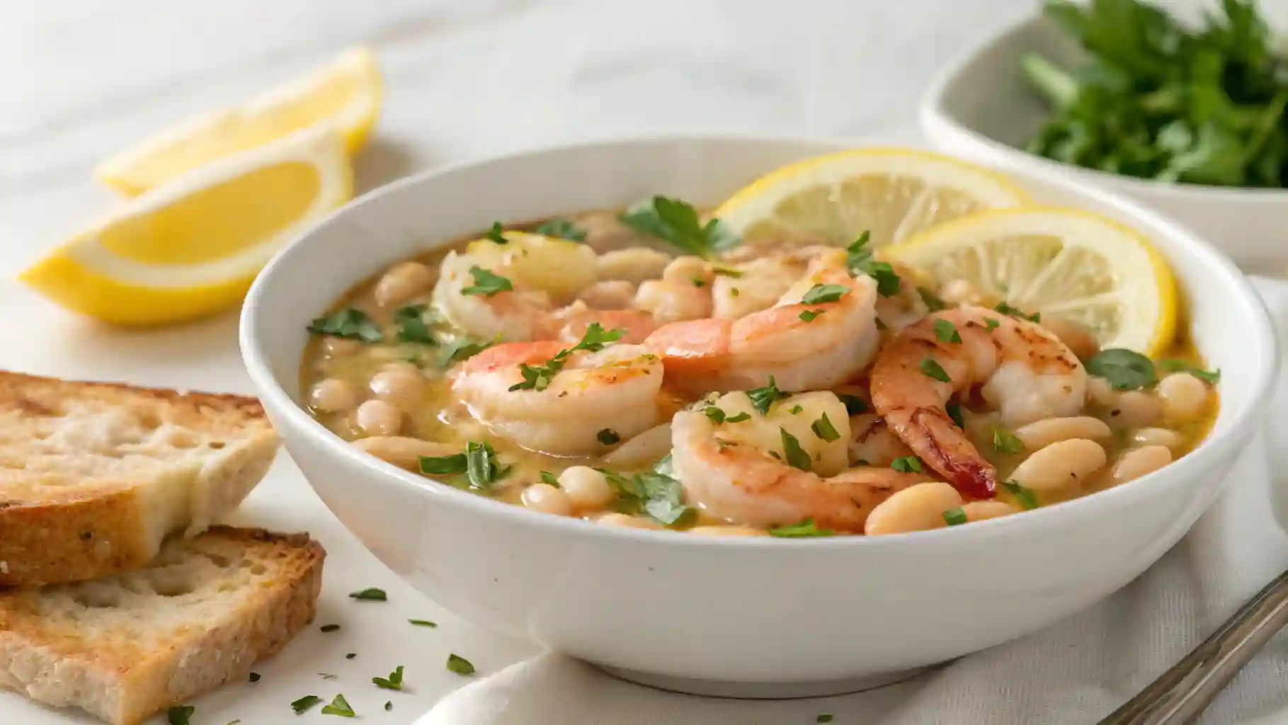 A bowl of lemony shrimp and bean stew garnished with parsley