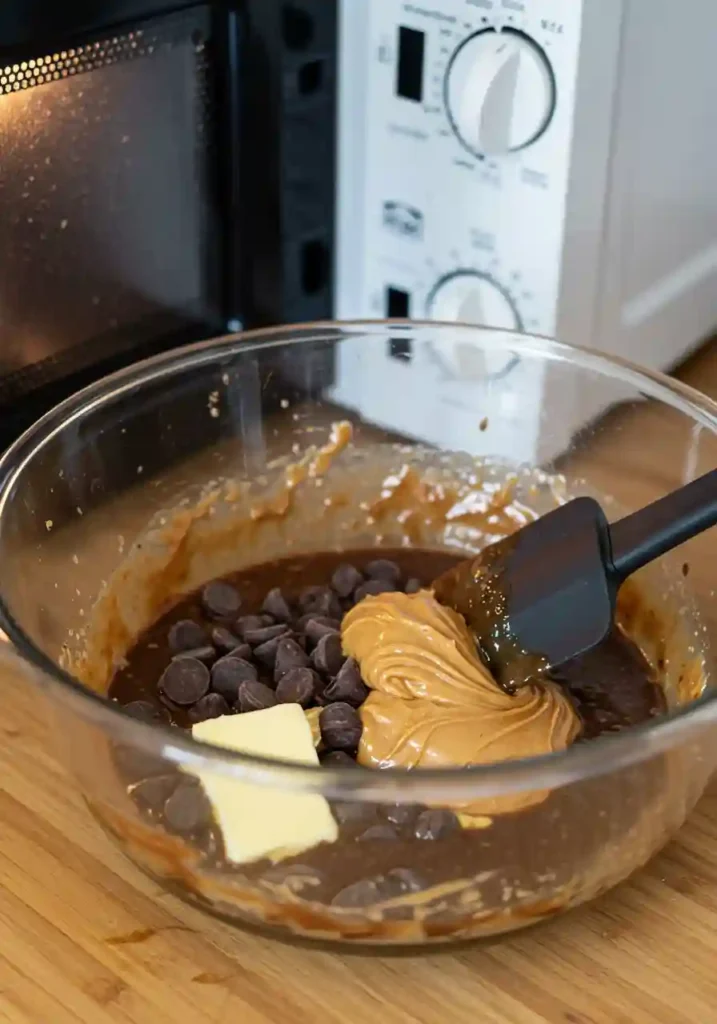 Chocolate chips, peanut butter, and butter melting in a glass bowl