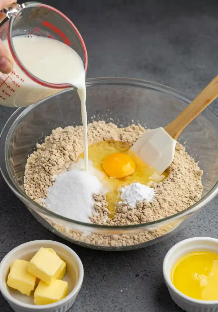 Milk and Egg Being Added to Dry Buckwheat Flour Mix in a Bowl