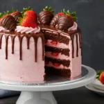 Finished chocolate strawberry cake with ganache and fresh strawberries