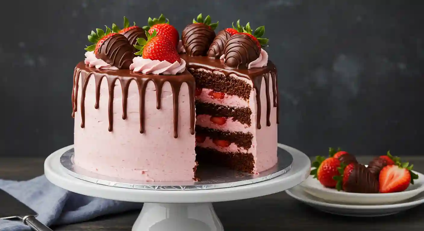 Finished chocolate strawberry cake with ganache and fresh strawberries
