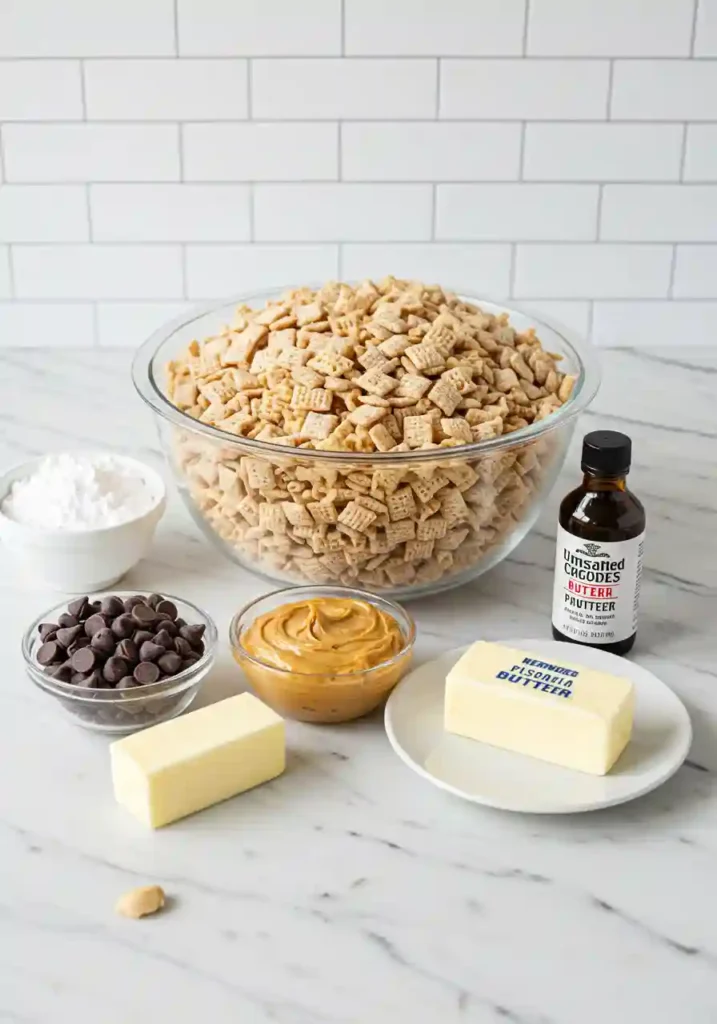 Ingredients for Muddy Buddies including Chex cereal, chocolate chips, peanut butter, and powdered sugar