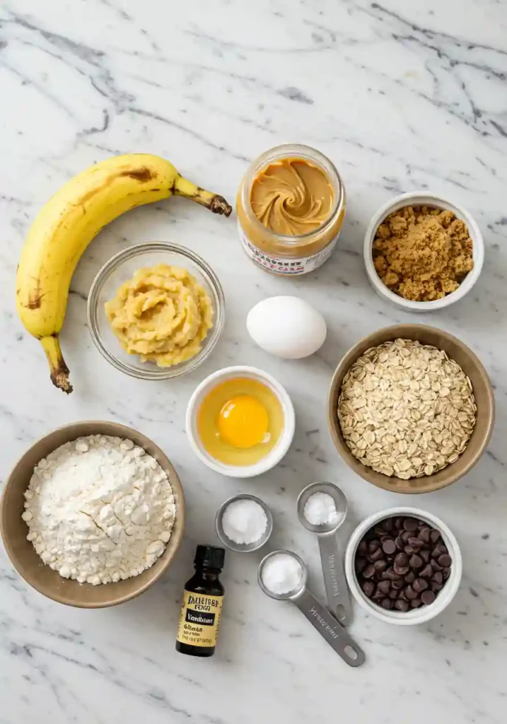 Ingredients for peanut butter banana cookies on a kitchen counter