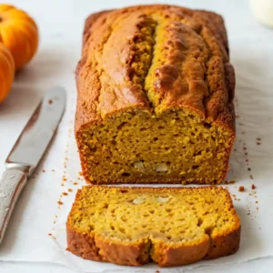 Sliced pumpkin banana loaf with a moist, golden texture