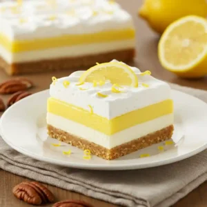 Finished Lemon Lush Dessert with Garnish on Serving Plate