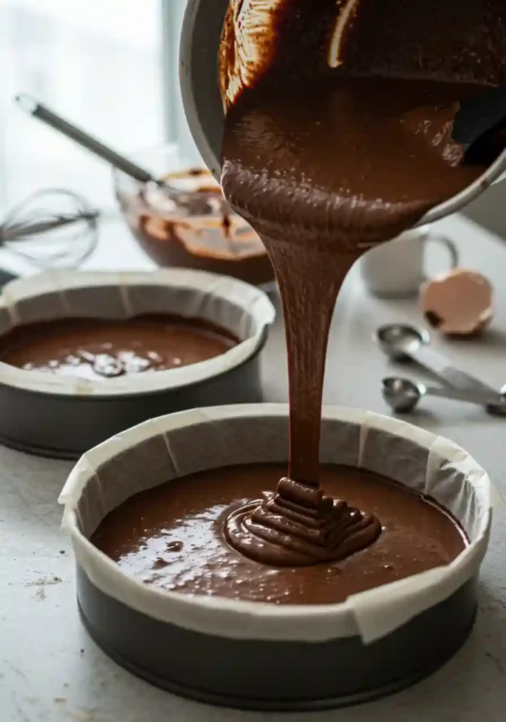 Chocolate cake batter poured into two round parchment-lined cake pans