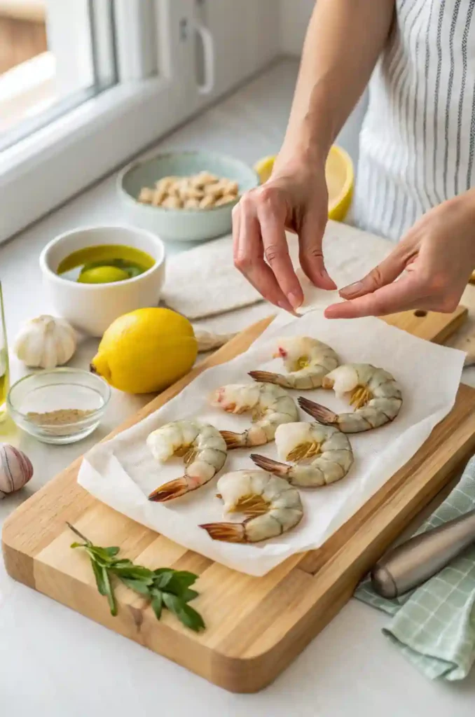 Deveined raw shrimp being patted dry on a cutting board