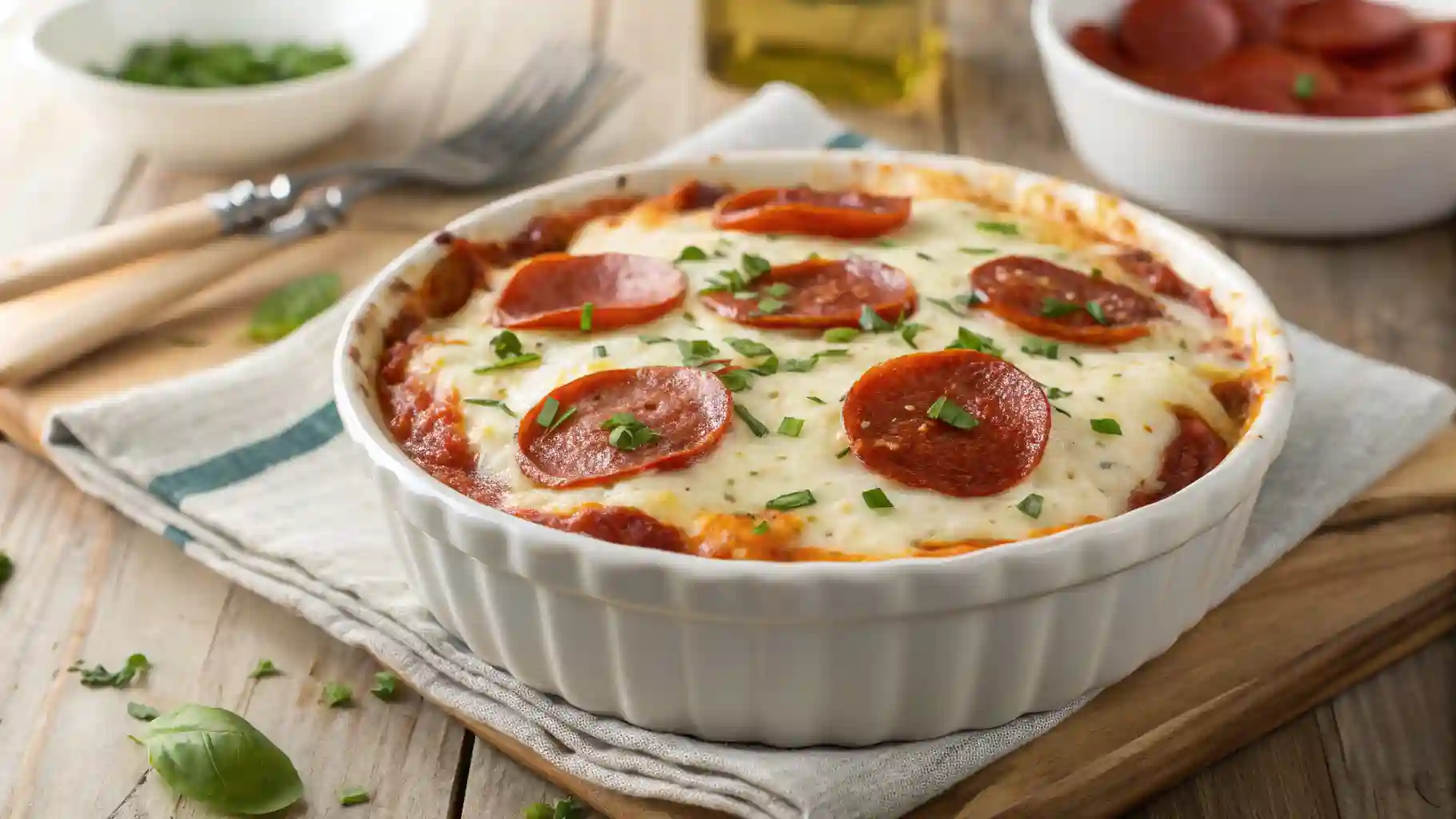 Cottage Cheese Pizza Bowl served in white ceramic dish