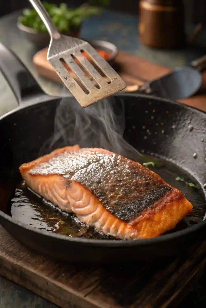 Salmon fillet sizzling skin-side down in hot cast iron skillet