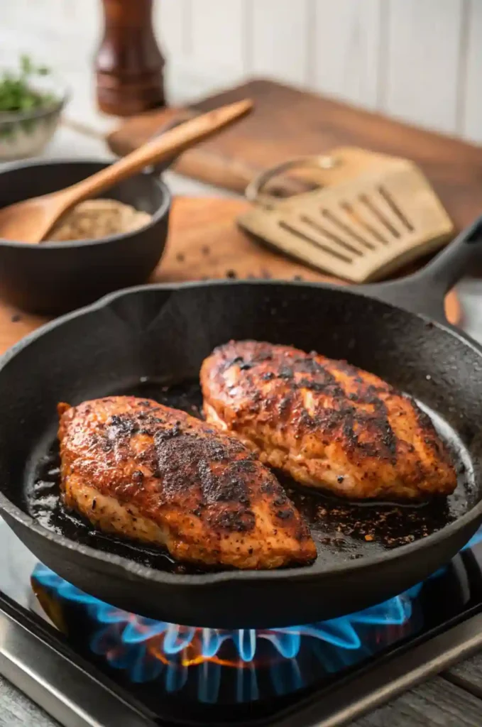 Chicken breasts sizzling in a cast iron skillet