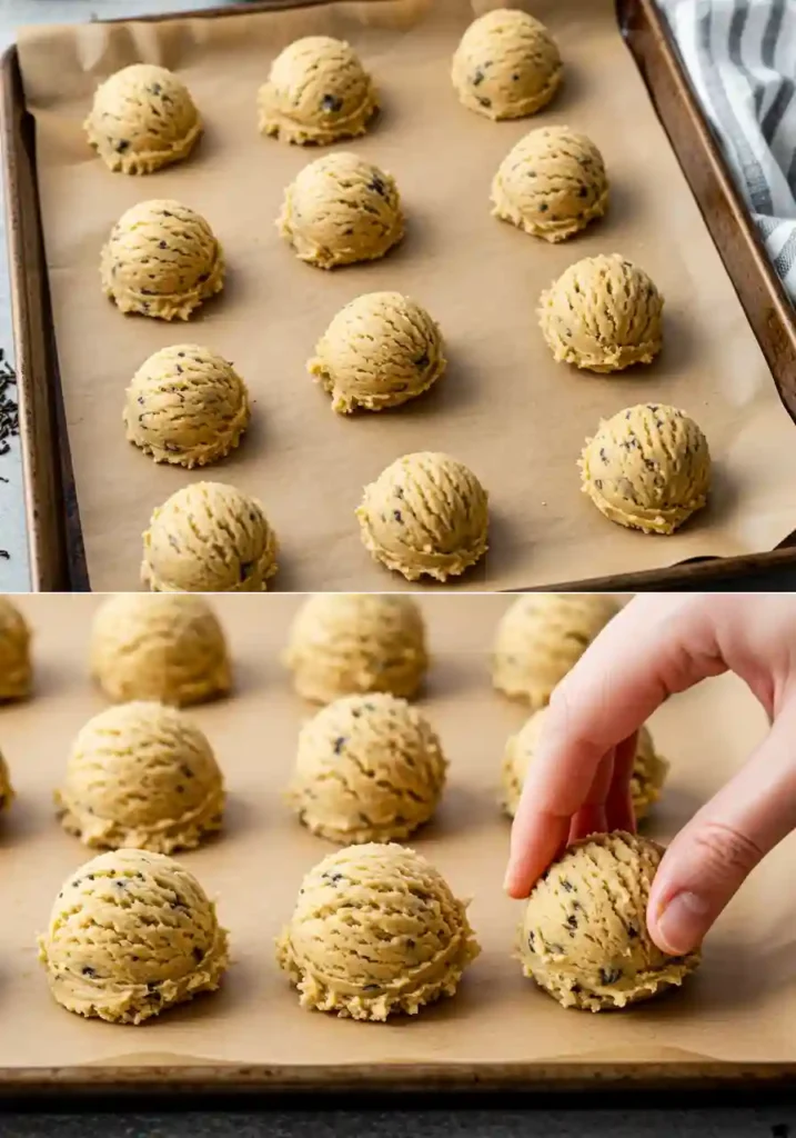 Unbaked Earl Grey Cookie Dough Balls on Baking Sheet