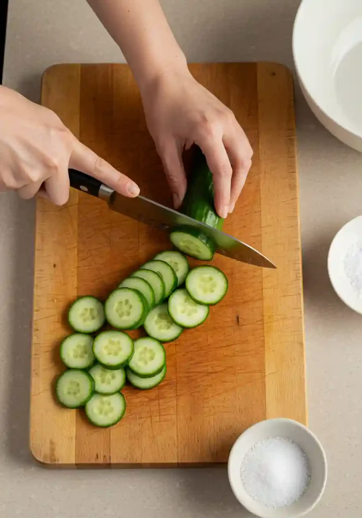 Bowl of thick-sliced cucumbers sprinkled with kosher salt