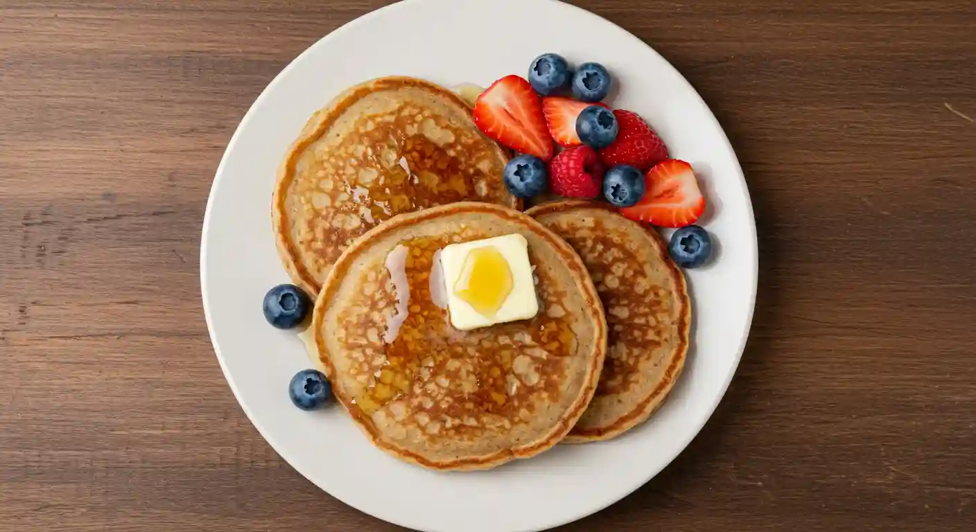 Buckwheat Pancakes on a Plate Topped with Syrup and Berries