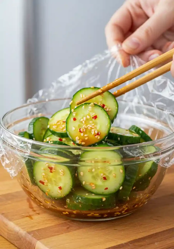 Cucumber slices in a bowl being tossed with dressing