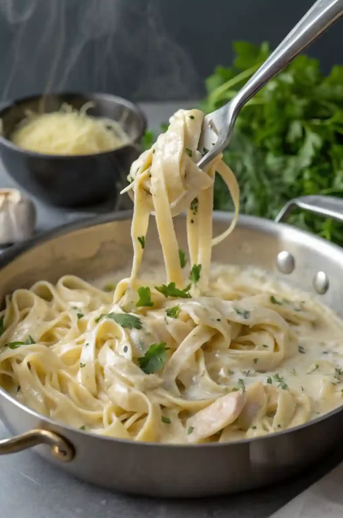 Fettuccine pasta mixed with creamy alfredo
