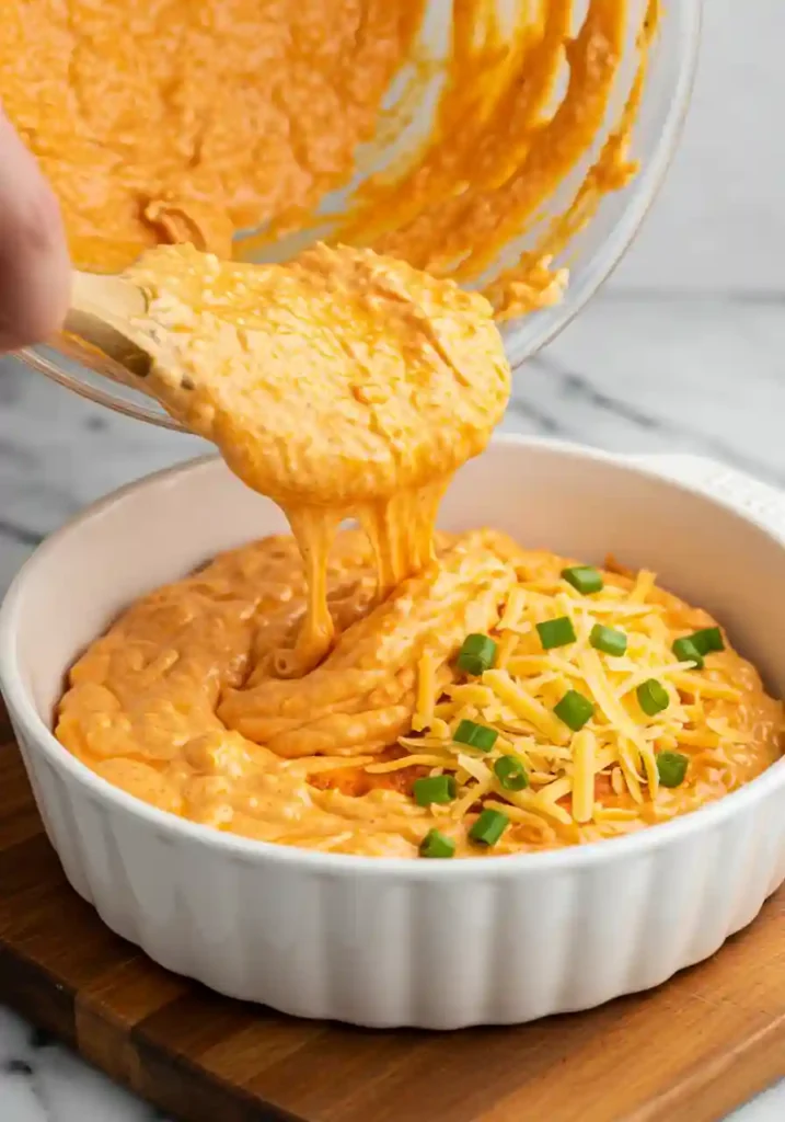 Cottage Cheese Chicken Dip Being Placed in Baking Dish