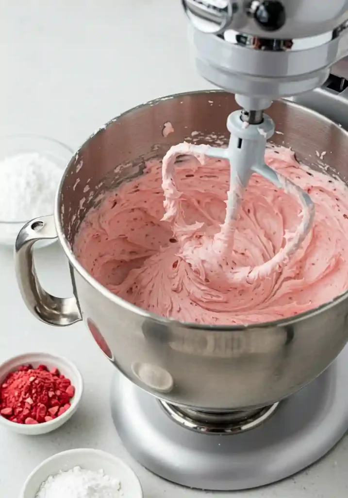 Pink strawberry buttercream frosting in a stand mixer bowl